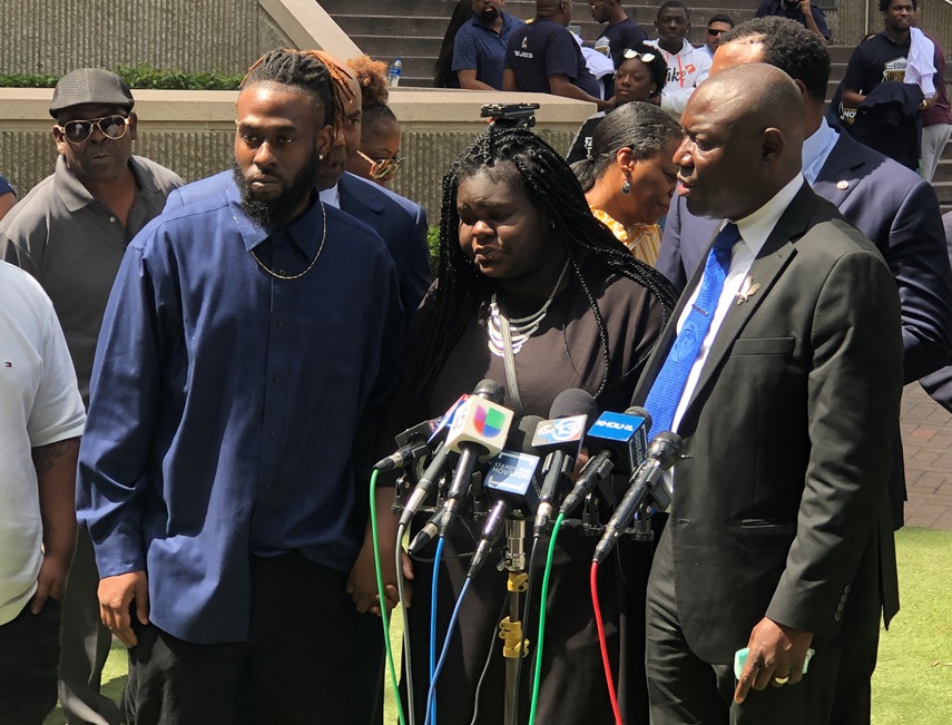 From left to right: Cameron January, Pamela Turner's son; Chelsie Ruben, Turner's daughter, and Ben Crump, attorney for the Turner family. They held a news conference  in Houston on May 16, 2019, to discuss the officer involved fatal shooting that caused Turner's death in Baytown on May 13, 2019.
