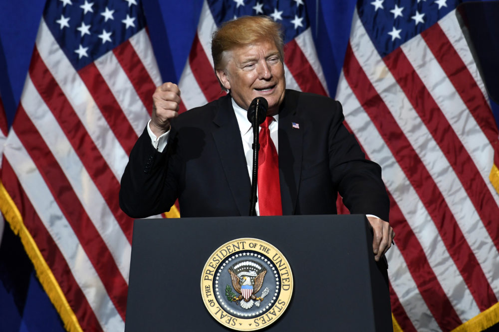 President Donald Trump speaks at the National Association of REALTORS Legislative Meetings and Trade Expo, Friday, May 17, 2019, in Washington. 