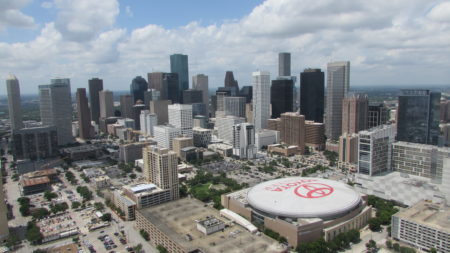 Aerial view of Toyota Center and downtown Houston.