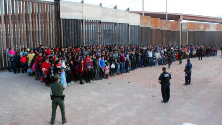President Trump has announced plans to impose escalating tariffs on goods imported from Mexico in an attempt to stop migrants from entering the U.S. over the southern border. U.S. Customs and Border Protection released this photo, taken on Wednesday at El Paso, Texas.