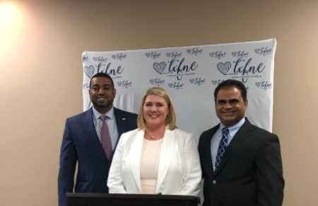 TxFNE CEO Khara Breeden (center), Fort Bend District Attorney Brian Middleton (left) and Fort Bend County Judge KP George (right) spoke about the importance of reaching survivors.