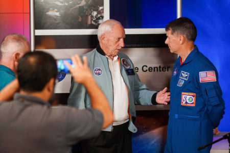 Apollo 15 astronaut Alfred Worden meets present-day astronaut Shane Kimbrough for the first time.