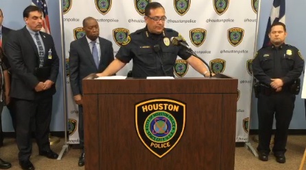 On June 28, 2019, Houston Police Chief Art Acevedo (center) briefed local media about an investigation that resulted in the rescue of 18 people who had been smuggled to Houston and were being held for ransom.