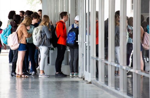 Voters line up to cast ballots on the UT Austin campus last year. Under the new state law, all areas of Texas college campuses will be considered free speech zones, not just certain areas.