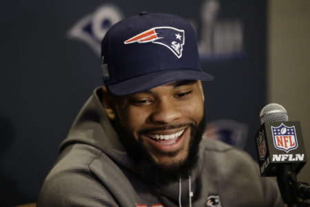 New England Patriots' Elandon Roberts speaks with members of the media during a news conference Tuesday, Jan. 29, 2019, ahead of the NFL Super Bowl 53 football game against Los Angeles Rams in Atlanta. (AP Photo/Matt Rourke)
