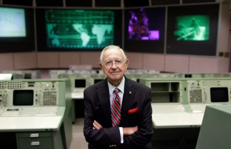 NASA Mission Control founder Chris Kraft in the old mission control at Johnson Space Center in Houston. This original mission control of the Apollo era is a national historic landmark.