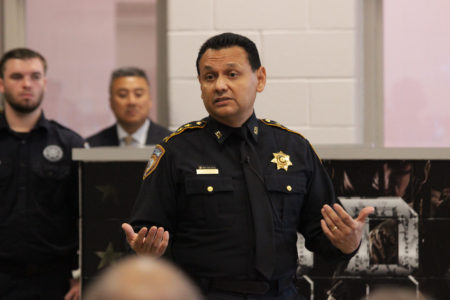 Sheriff Ed Gonzalez speaking to jail detainees at the unveiling of the "Brothers in Arms" program at Harris County Jail on July 25, 2019.
