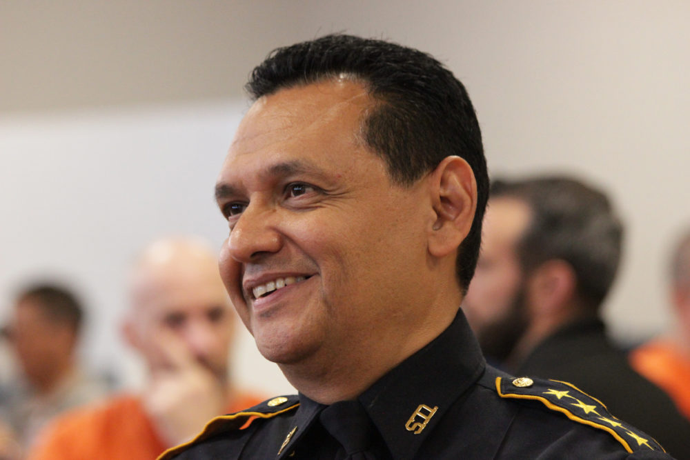 Sheriff Ed Gonzalez talks to an inmate at the opening. "Brothers in Arms" program at the Harris County Jail. Filmed July 25, 2019. 