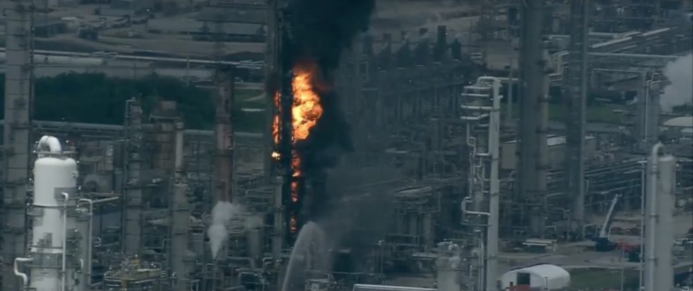 Screenshot of KHOU's livestream of the fire at Exxon Mobil's Baytown refinery.