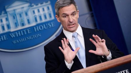 Acting Director of the U.S. Citizenship and Immigration Services Ken Cuccinelli speaks during a briefing at the White House on Monday. Trump administration officials announced new rules that aim to deny permanent residency to migrants who may need to use food stamps, Medicaid and other public benefits.