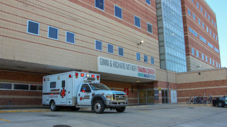 An ambulance at the trauma center entrance of Ben Taub Hospital. July 24, 2019