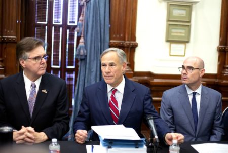 Lt. Gov. Dan Patrick, Gov. Greg Abbott and House Speaker Dennis Bonnen at a meeting of the Texas Safety Commission at the Texas Capitol on Aug. 22, 2019.