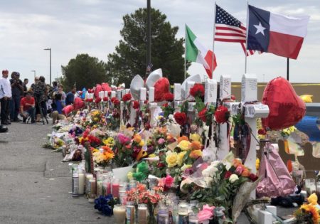 The makeshift memorial for the victims of the Aug. 3, 2019, shooting outside the Walmart in El Paso, Texas.