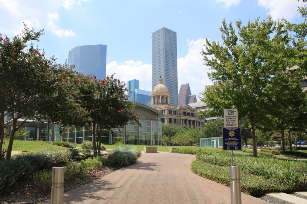 The Downtown Houston skyline with the view of the Harris County Courthouse from the Jury Plaza. September 6, 2019