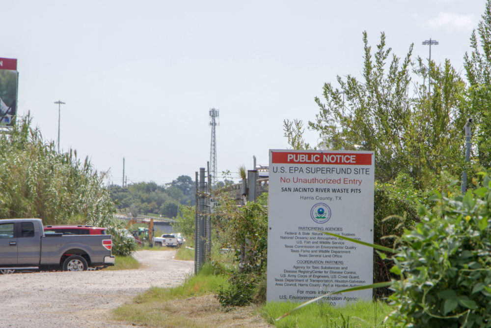 An EPA superfund site sign restricting visitors from entering the San Jacinto River Waste Pits. 