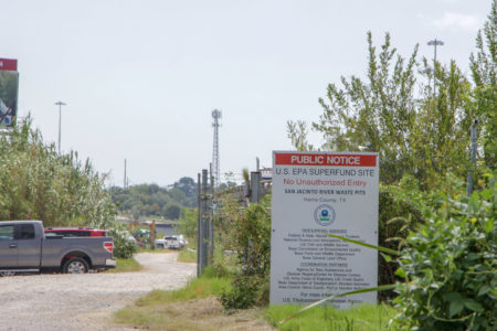 An EPA superfund site sign restricting visitors from entering the San Jacinto River Waste Pits.