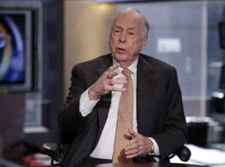This file photo shows T. Boone Pickens being interviewed on the FOX Business Network on March 11, 2014. A spokesman said Wednesday the oil tycoon died of natural causes under hospice care at his Dallas home.