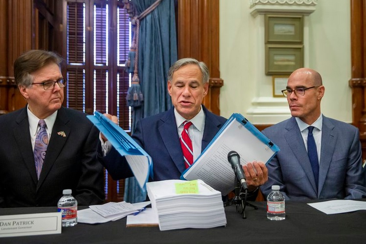 From left: Gov. Greg Abbott, Lt. Gov. Dan Patrick and House Speaker Dennis Bonnen hosted the first meeting of the Texas Safety Commission at the state Capitol on Aug. 22.