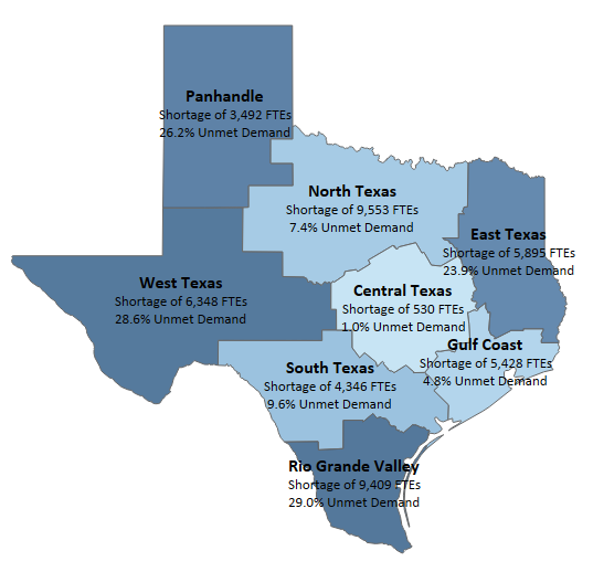 This map shows unmet demand rates in different regions of Texas. Darker areas, like East Texas, the Rio Grande Valley, West Texas, and the Panhandle all had greater rates of unmet demand in 2019.