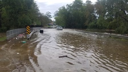 A flooded road in the Lakewood subdivision of Houston, after Tropical Storm Imelda.