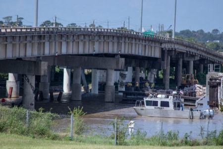 The San Jacinto Bridge over I-10, which was badly damaged by Imelda, is undergoing repairs.