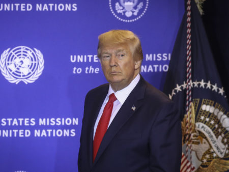 President Trump arrives at a press conference on the sidelines of the United Nations General Assembly on Wednesday in New York City.
