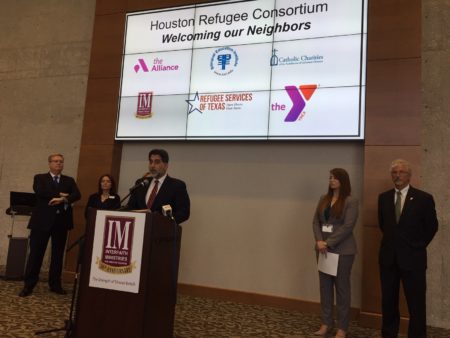 Ali Al Sudani, senior vice president of programs and chief of staff at Interfaith Ministries for Greater Houston, spoke at a press conference Tuesday, held by the Houston Refugee Consortium.