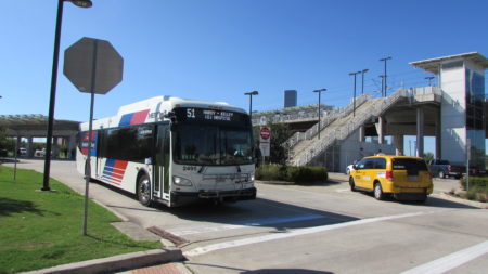 A METRO bus departs the Burnett Transit Center in Houston's Near Northside.