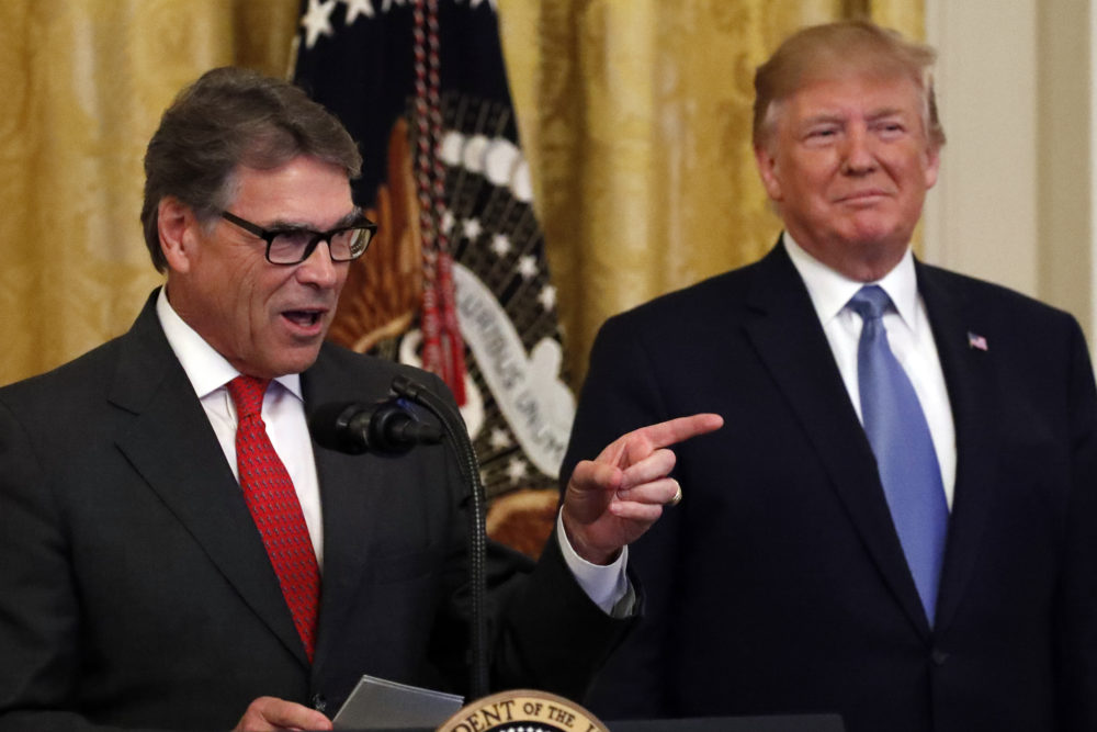 President Donald Trump listens as Energy Secretary Rick Perry speaks during an event about the environment in the East Room of the White House, Monday, July 8, 2019, in Washington. (AP Photo/Alex Brandon)