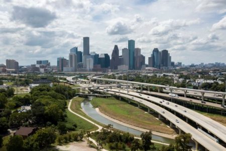 An aerial view of I-45 and Downtown Houston.
