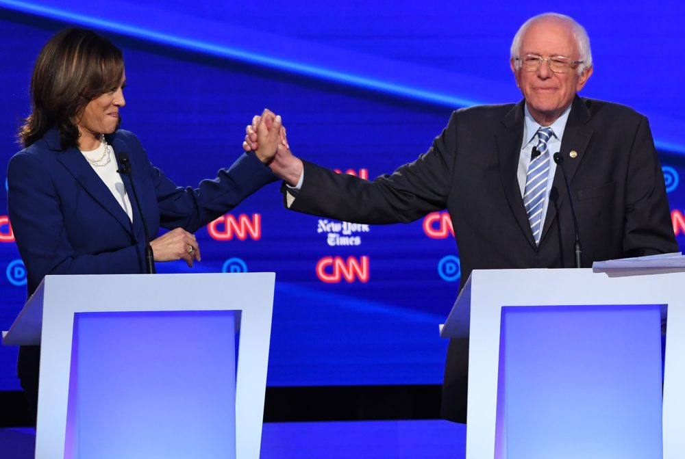 Democratic presidential hopefuls California Sen. Kamala Harris and Vermont Sen. Bernie Sanders during the fourth Democratic primary debate of the 2020 presidential campaign season.