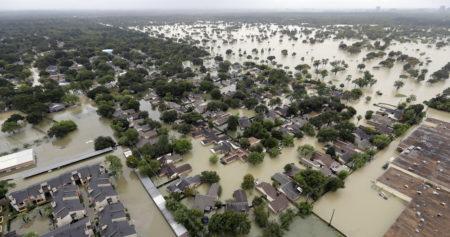 A neighborhood near Houston's Addicks Reservoir flooded after heavy rains from Tropical Storm Harvey. Taken, Aug. 29, 2017.