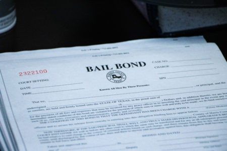 A bail bond application form. Taken at Action Bail Bonds in Houston on Oct. 17, 2019.