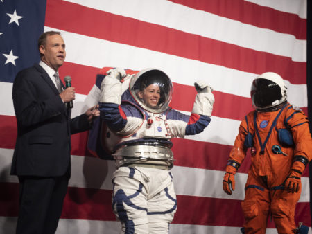 NASA administrator Jim Bridenstine speaks during a demonstration of two NASA spacesuit prototypes for lunar exploration on Tuesday.