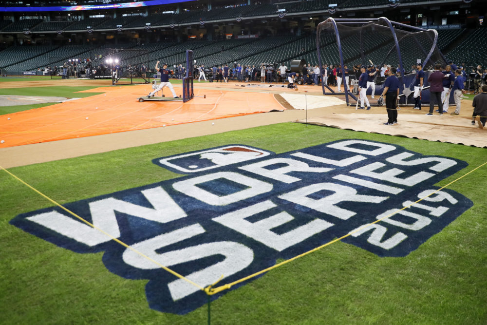 Houston Astros take batting practice for baseball's World Series Monday, Oct. 21, 2019, in Houston. The Houston Astros face the Washington Nationals in Game 1 on Tuesday.