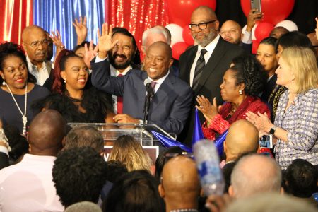 Incumbent Mayor Sylvester Turner addressed a crowded watch party at 10 pm, as election results began to trickle in.