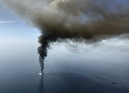 This April 21, 2010 shows a large plume of smoke rising from BP's Deepwater Horizon offshore oil rig in the Gulf of Mexico.