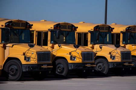 Row of school buses. Taken on December 18, 2019.