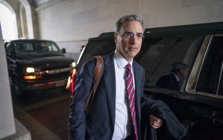 White House counsel Pat Cipollone departs the Senate following defense arguments by the Republicans in the impeachment trial of President Trump. The trial resumes on Monday.