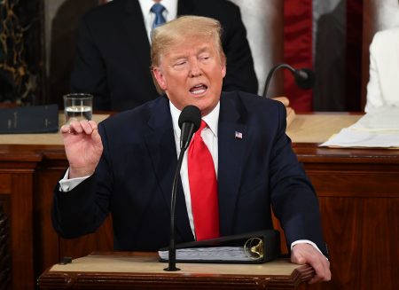 President Donald Trump during the State of the Union address. The president's so-called  "Remain in Mexico" policy was temporarily halted by a federal appeals court Friday.