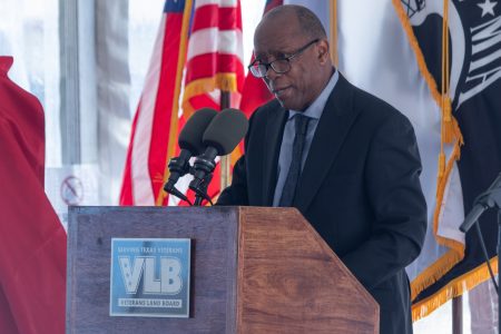 Mayor Sylvester Turner speaks at the Richard A. Anderson Texas State Veterans Home grand opening ceremony. Taken February 7, 2020