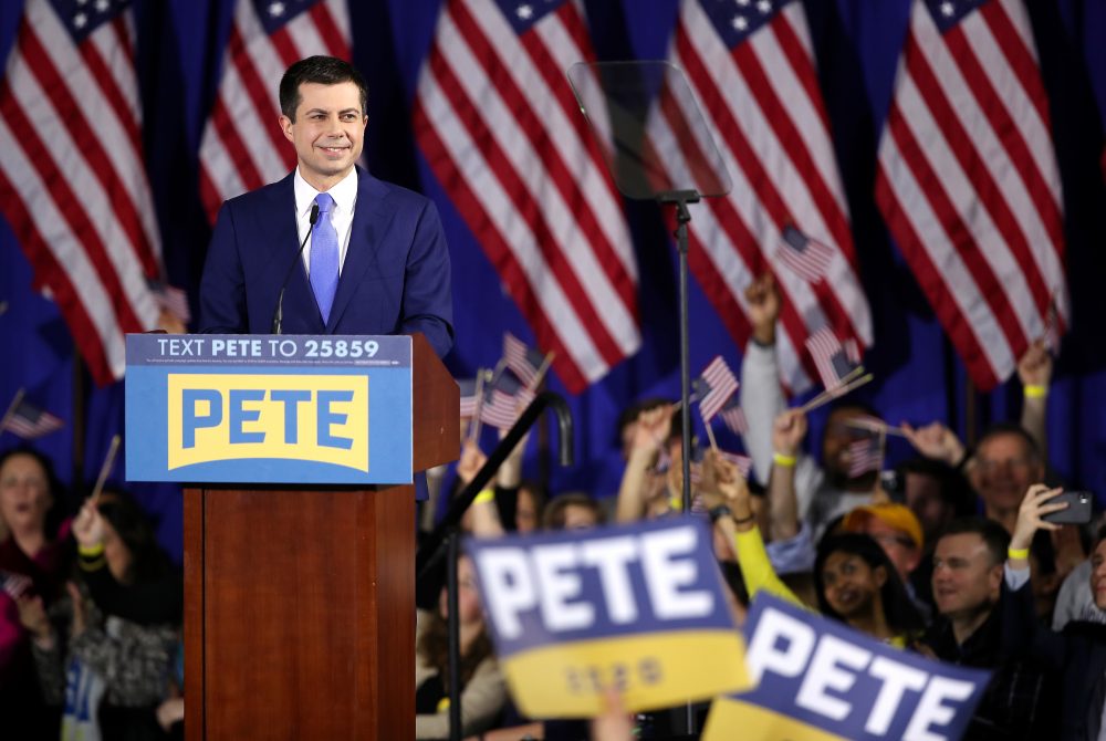 Pete Buttigieg speaks at his primary night watch party in Nashua, N.H. Buttigieg is the delegate leader in this race with 22 to Sanders' 21 — but there's a long way to go.