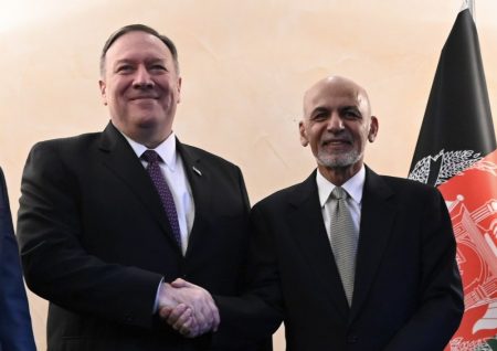 US Secretary of State Mike Pompeo, left, shakes hands with Afghan President Ashraf Ghani,during the 56th Munich Security Conference (MSC) in Munich, southern Germany, on Friday, Feb. 14, 2020. The 2020 edition of the Munich Security Conference (MSC) takes place from Feb. 14 to 16.