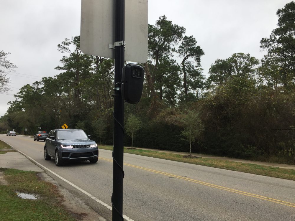 An automated license plate reader camera is installed outside the Memorial Villages Police Department.