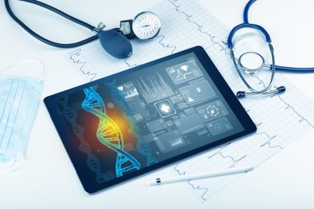 Genetic test and biotechnology concept with medical technology devices