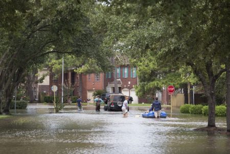 A neighborhood along Eldridge Parkway in Houston was flooded by water released from the Addicks Reservoir in August 2017.