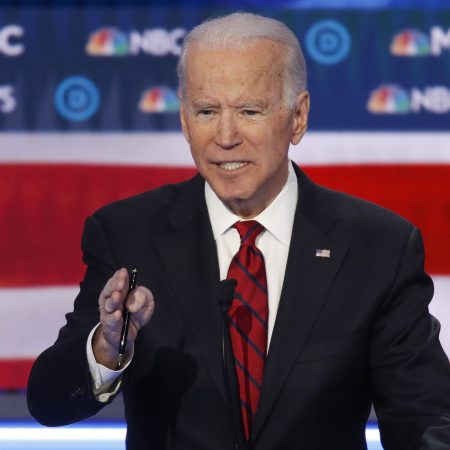 Former Vice President Joe Biden speaks during the debate, hosted by NBC News and MSNBC, in Las Vegas.
