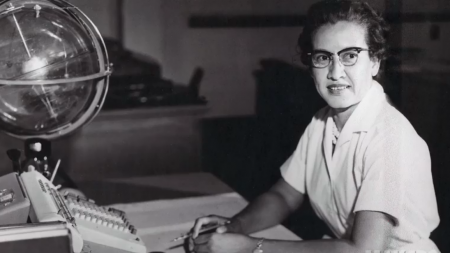 NASA research mathematician Katherine Johnson at her desk at NASA Langley Research Center with a globe, or "Celestial Training Device."