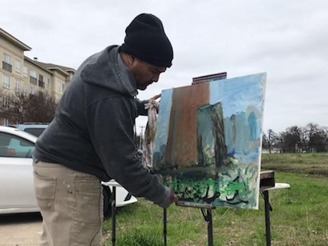 Artist Jerrel Sustaita's painting inspired by the "Leaning Tower of Dallas." Sustaita came out to the site in the week before the demolition.