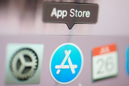 New york, USA - july 26, 2019: Start app store application on computer macro close up view in pixel screen